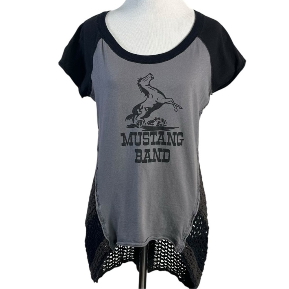 Free People Mustang Band Tee Crochet Mesh Back Top gray black Small mixed media - Picture 2 of 11
